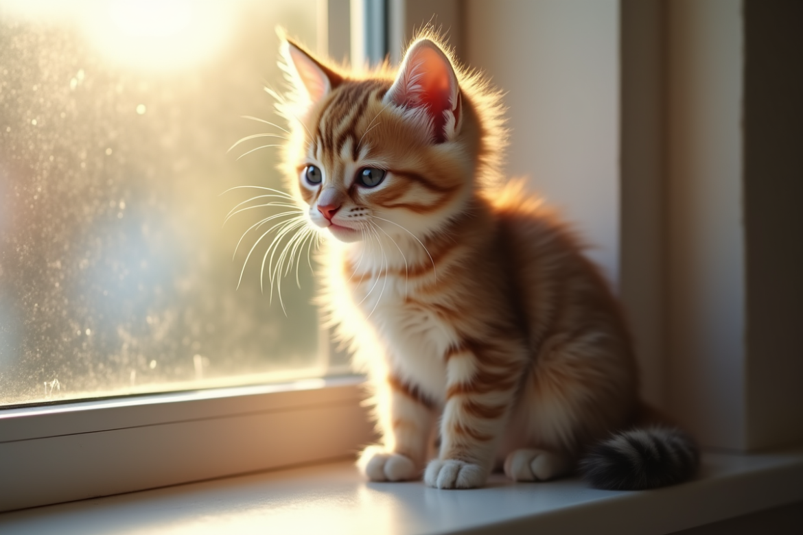 Chaton tigré assis sur une fenêtre ensoleillée