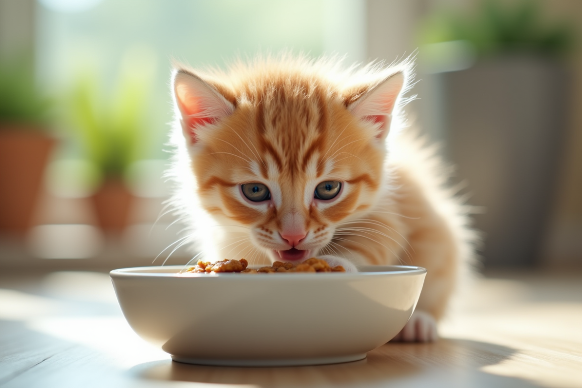 Petit chaton mangeant dans un bol en céramique lumineux