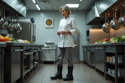 Chef femme en cuisine portant chaussures de sécurité