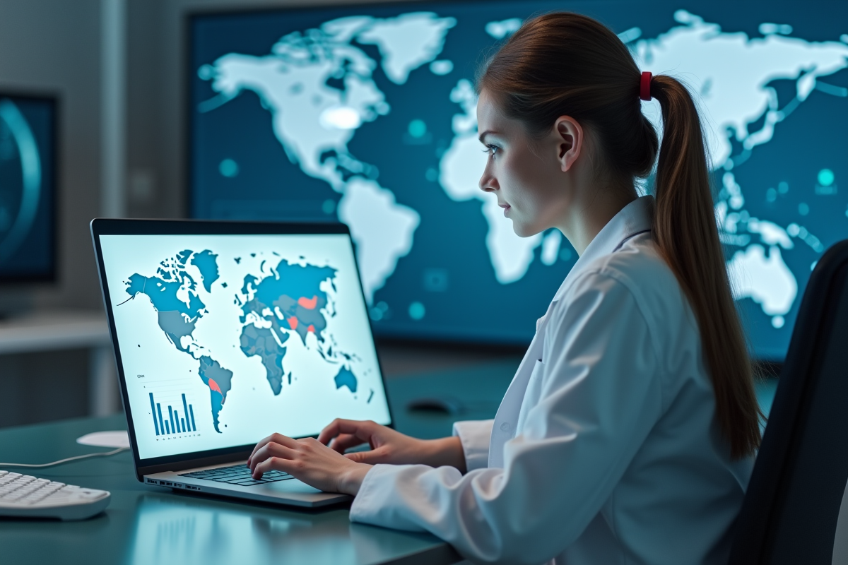 Jeune chercheuse utilisant un ordinateur avec données d