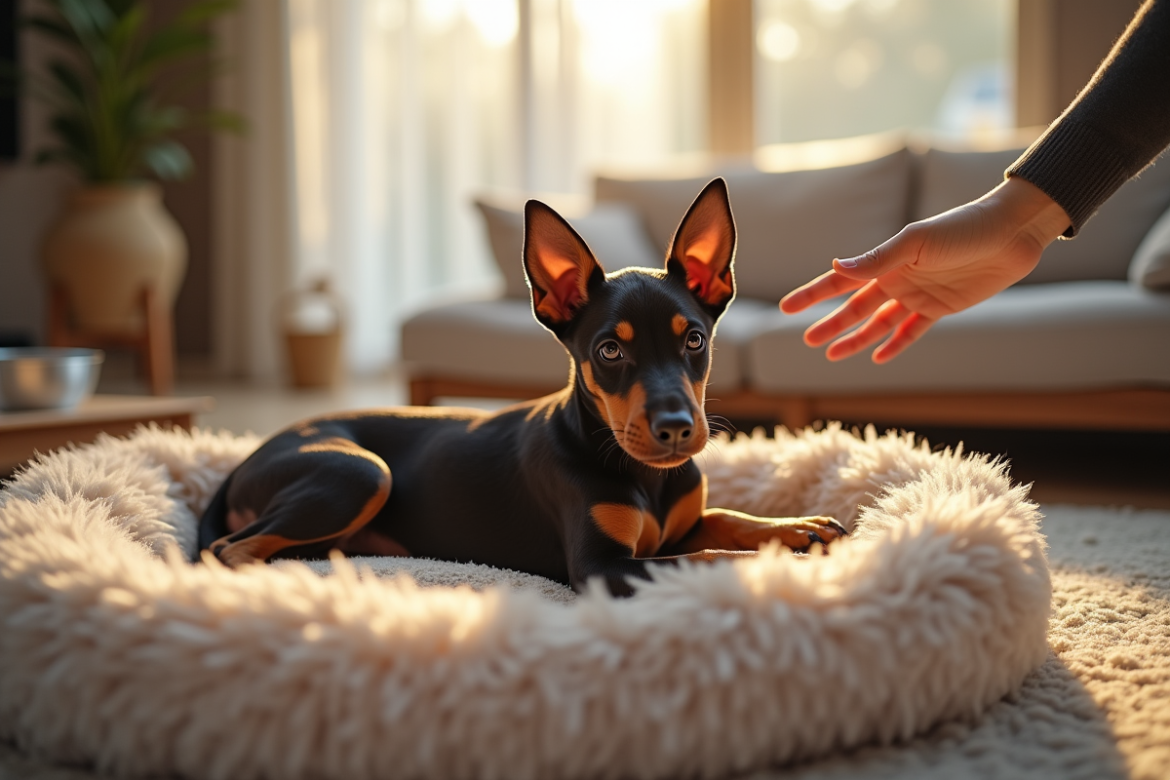 Chiot Doberman sur un lit douillet dans un salon lumineux