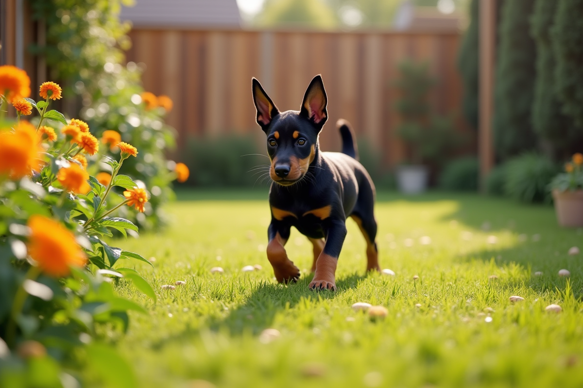 Chiot Doberman explorant un jardin ensoleille avec fleurs