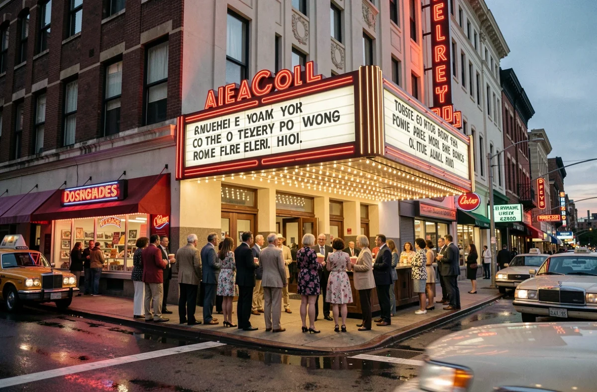 Foule des années 1990 devant un cinéma américain avec une enseigne lumineuse affichant des films romantiques, évoquant l'impact culturel de films comme Roméo + Juliette sur le public de l'époque