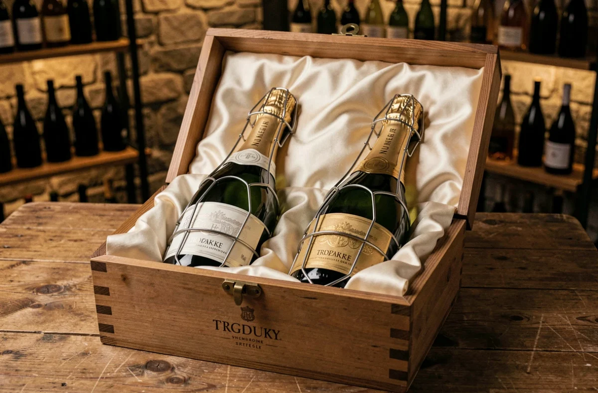 Bouteilles de champagne de collection dans un coffret en bois ouvert, symbolisant l'échange et la revente sécurisée de champagnes rares en ligne