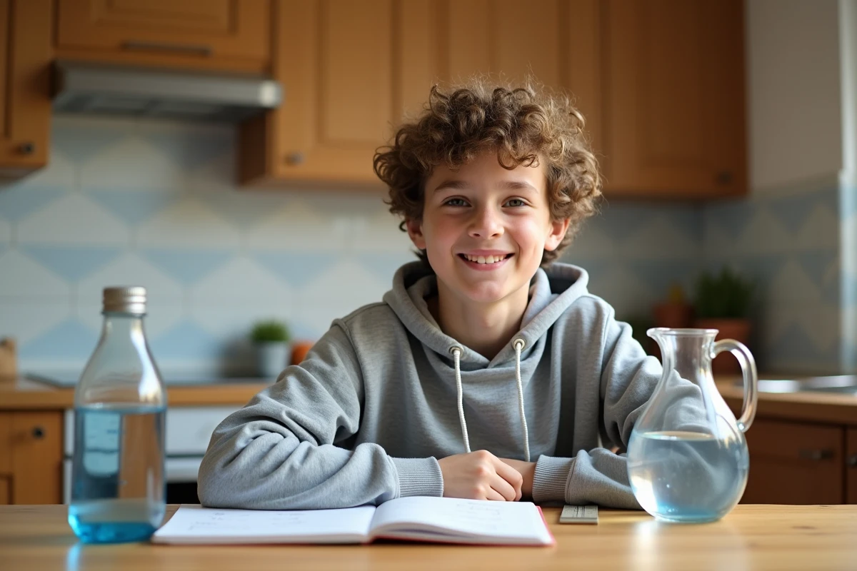Collégien révisant la conversion des unités de volume avec une bouteille de 600 ml et un pichet d'un litre à la maison