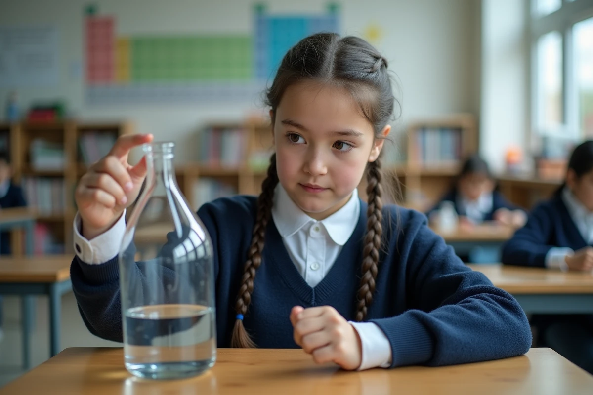 Collégienne versant 600 ml d'eau d'une bouteille dans un bécher gradué en classe de sciences