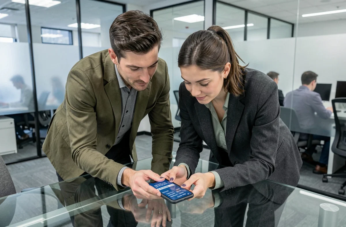Deux collègues en bureau moderne consultant ensemble les indicatifs téléphoniques internationaux sur un smartphone