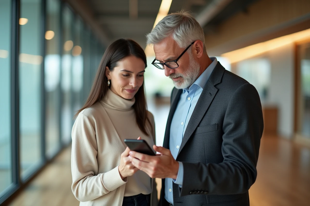 Deux collègues discutant de la formulation correcte d'un SMS professionnel dans un couloir de bureau moderne