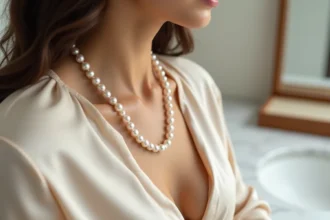 Collier de perles huîtres naturelles porté par une femme sur un chemisier en soie ivoire, gros plan sur le lustre irisé des perles