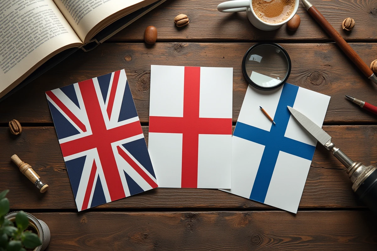 Comparaison à plat des drapeaux Union Jack, Saint-Georges et Saint-André posés sur une table en bois avec un livre d'héraldique