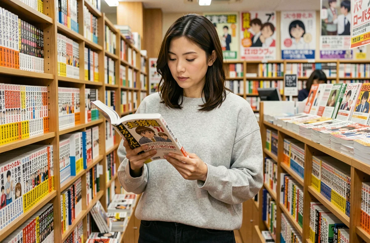 Femme comparant une sortie hebdomadaire et un tome relié de manga dans une librairie spécialisée