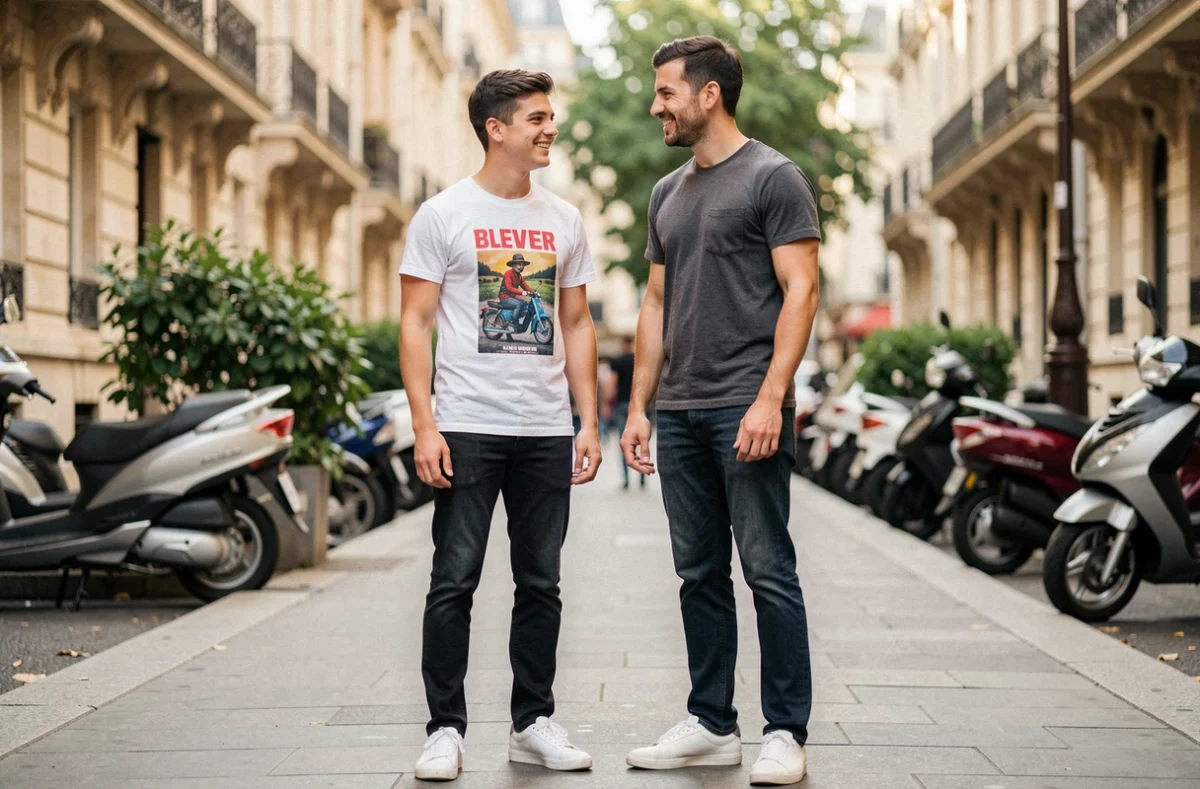 Comparaison de taille entre deux hommes dans une rue parisienne, illustration de la stature de SDM