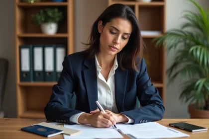 Femme étudiant les conditions de nationalité française avec des documents officiels sur un bureau