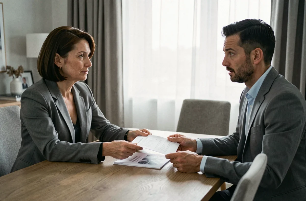 Femme confrontant calmement un interlocuteur avec des faits vérifiables et un document imprimé