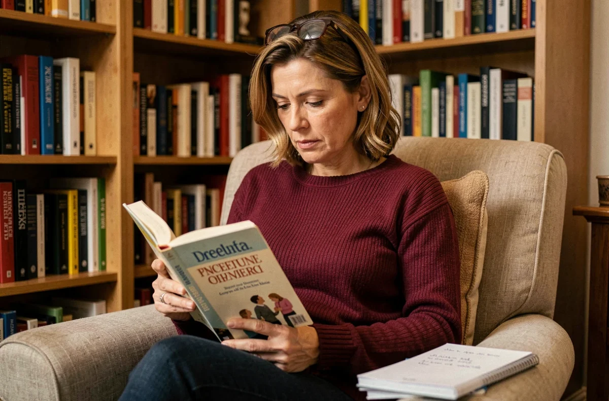 Femme lisant un livre de psychologie sur la manipulation, prenant des notes dans un fauteuil confortable