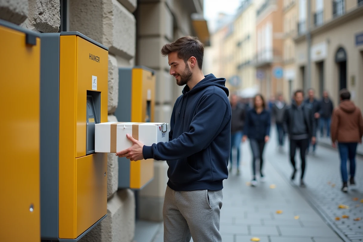 Un homme dépose un colis dans une consigne automatique Chronopost en libre-service dans une rue française