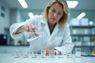 Scientifique mesurant un volume de liquide dans un cylindre gradué en millilitres et centimètres cubes en laboratoire