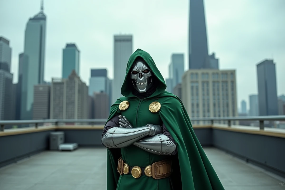 Jeune cosplayer en costume de Doctor Doom sur un toit urbain