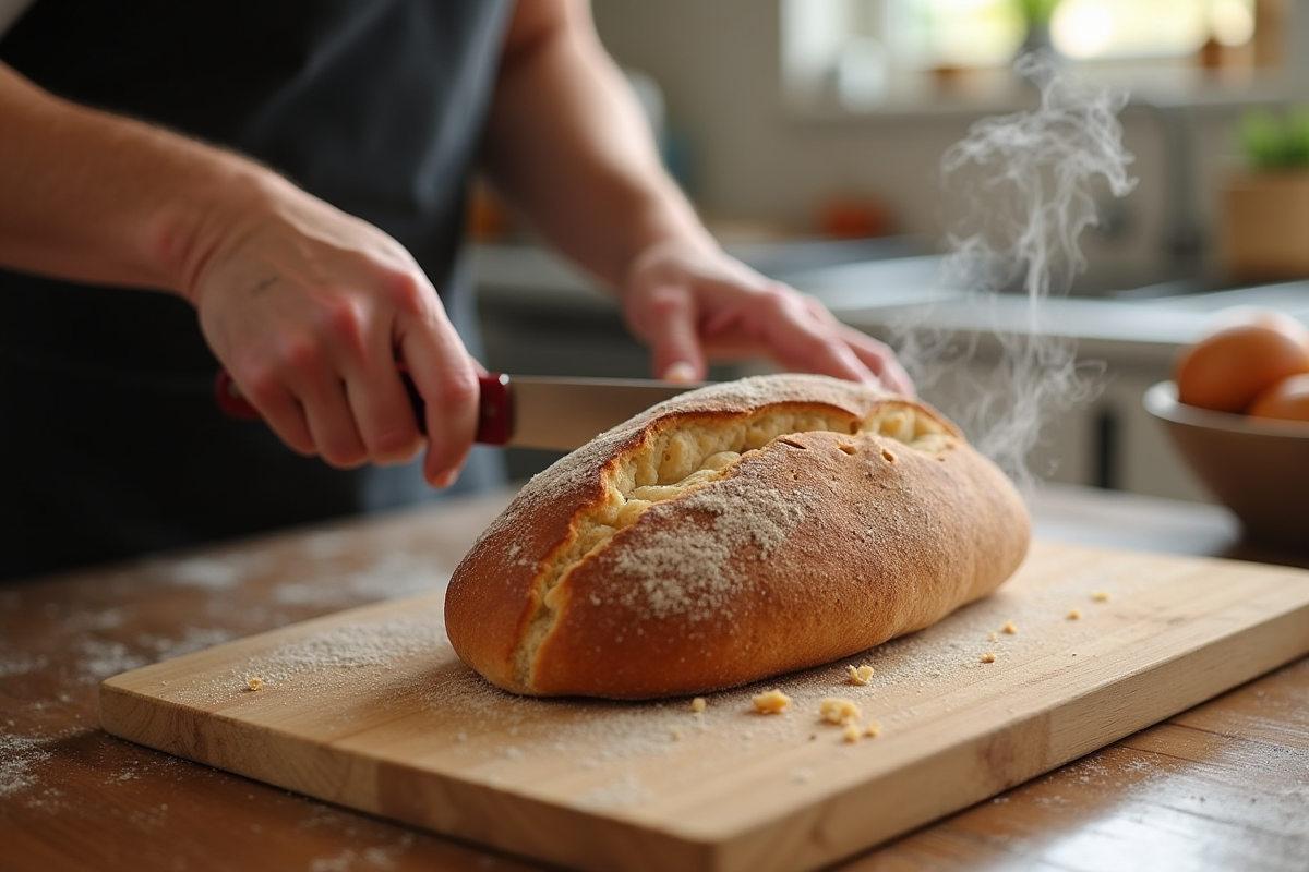 Mains de boulanger coupant un pain maison