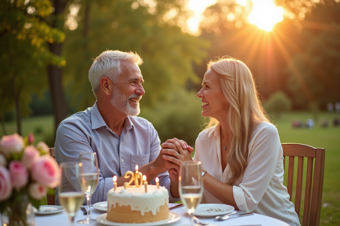 Couple mature riant lors d un anniversaire de mariage en plein air