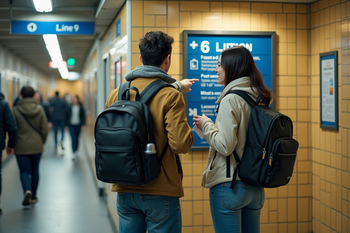 Couple de voyageurs devant les panneaux de correspondance du métro parisien ligne 6