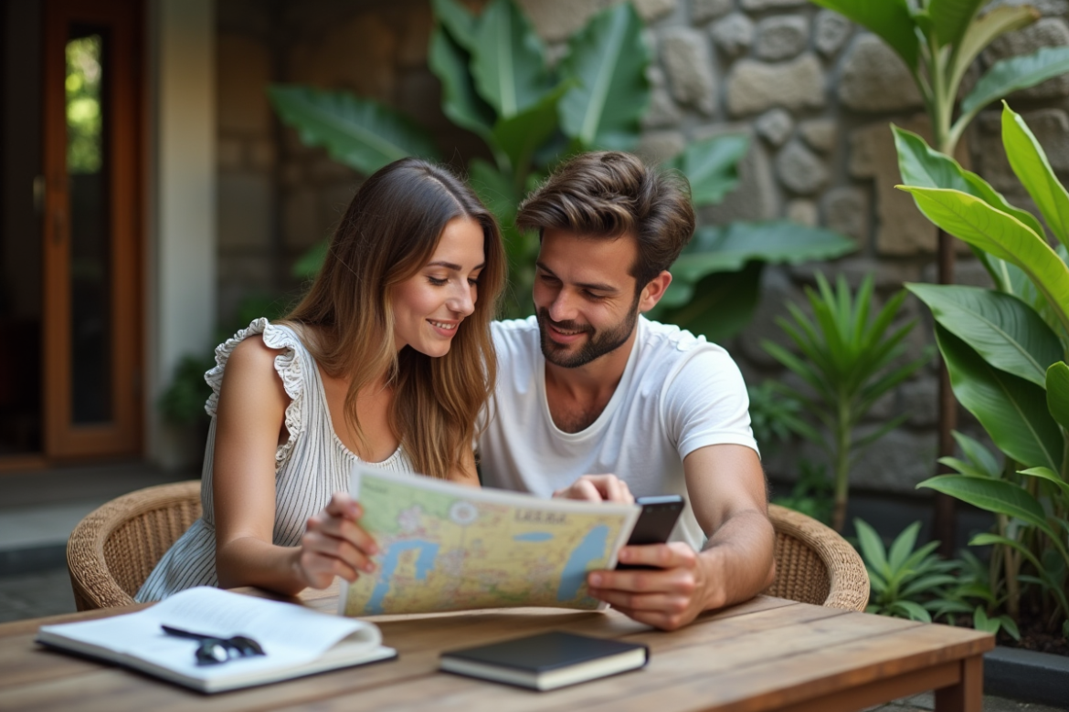 Jeune couple français planifiant leur voyage à Bali