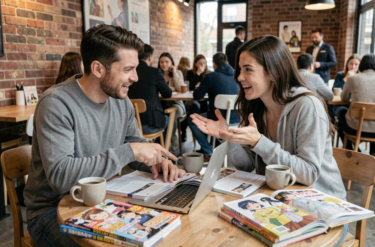Deux amis débattant de la lecture numérique versus le tome relié de One Piece dans un café