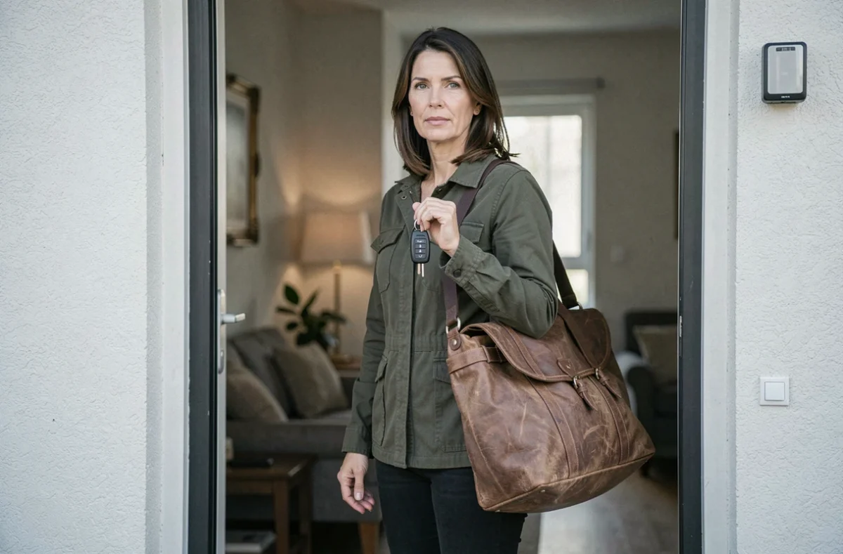 Femme partant définitivement d'un appartement avec un sac de voyage, décision ferme et sans négociation