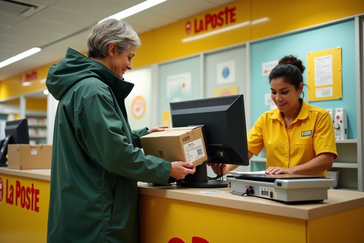 Une femme dépose un colis Chronopost au guichet d'un bureau de La Poste en France