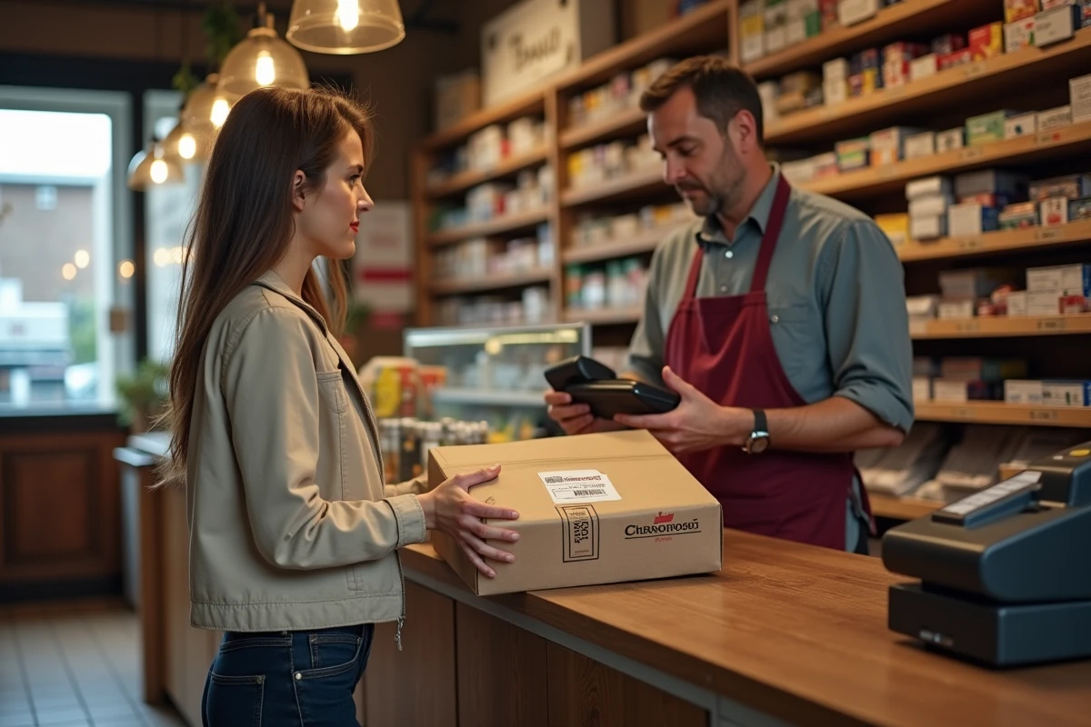 Une femme dépose un colis Chronopost au comptoir d'un tabac de quartier en France