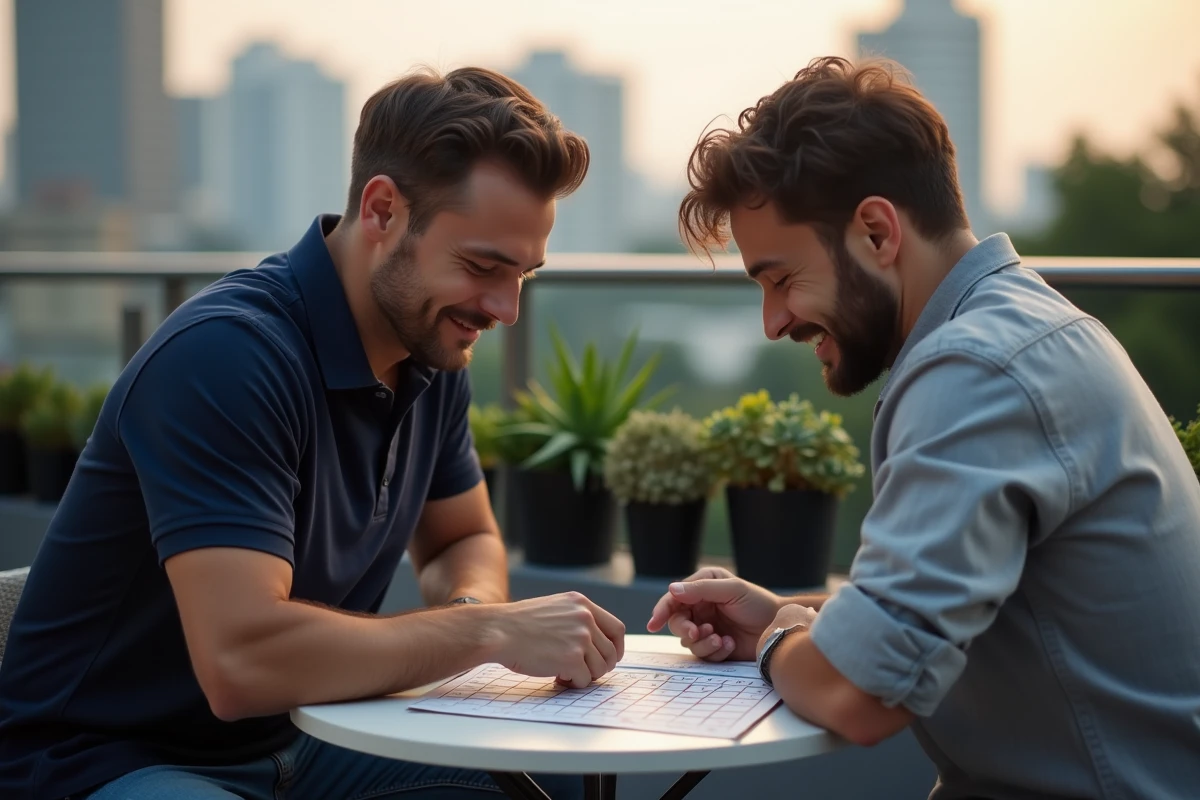 Deux hommes concentrés sur une grille de jeu palmier posée sur une table en terrasse urbaine, ambiance compétitive et ludique