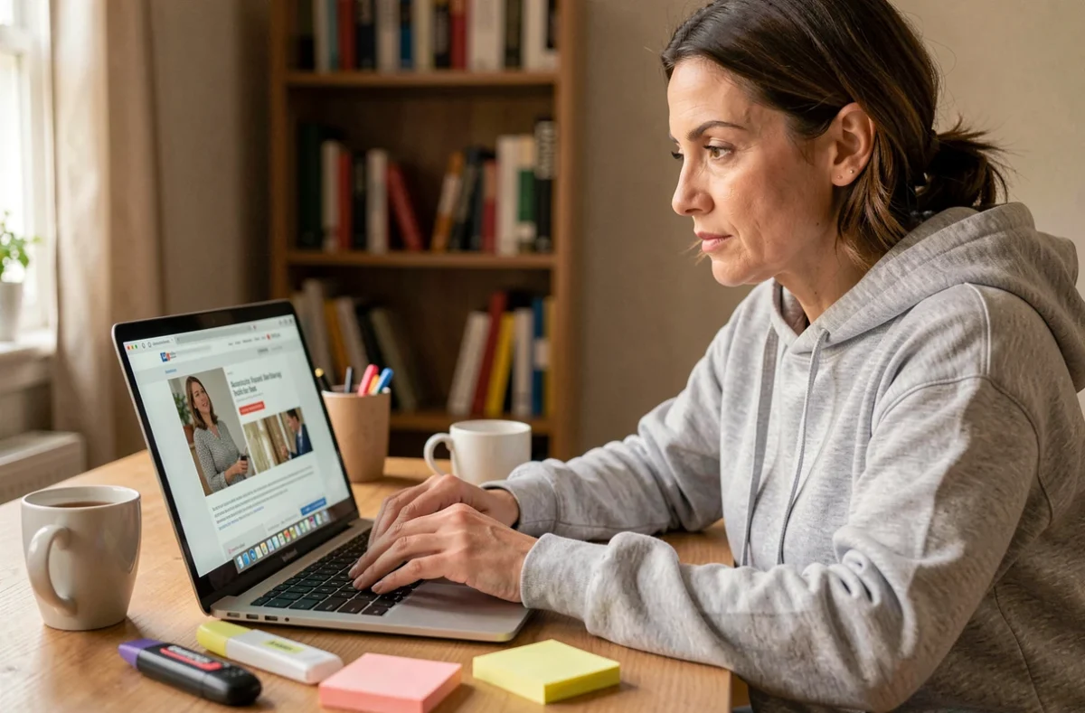 Femme se documentant en ligne sur les relations toxiques et le pervers narcissique, entourée de notes