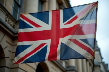 Drapeau Union Jack britannique accroché sur un mur en pierre d'un bâtiment classique anglais