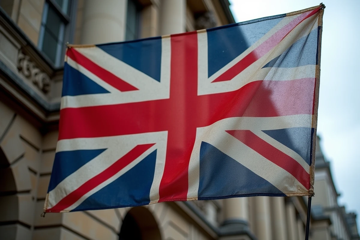 Drapeau Union Jack britannique accroché sur un mur en pierre d'un bâtiment classique anglais