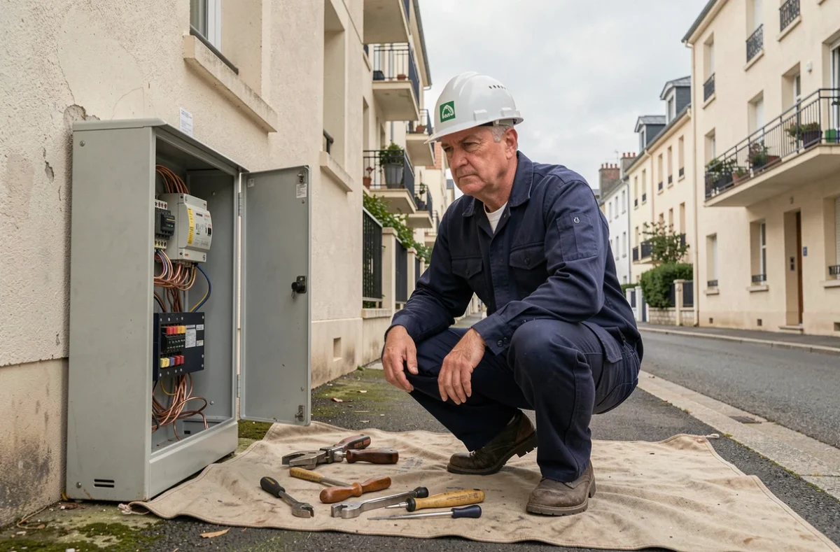 Électricien professionnel intervenant sur un tableau électrique dans une rue résidentielle des Hauts-de-Seine