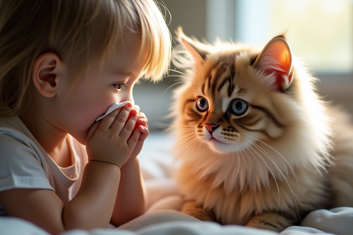 Enfant tenant un mouchoir avec chat à ses côtés