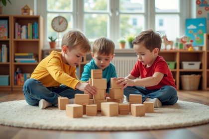 Groupe d'enfants jouant avec des blocs en bois dans une classe lumineuse