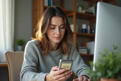 Femme enregistrant un indicatif téléphonique international dans ses contacts sur smartphone