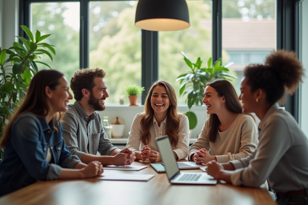 Groupe de collègues collaborant dans un bureau lumineux
