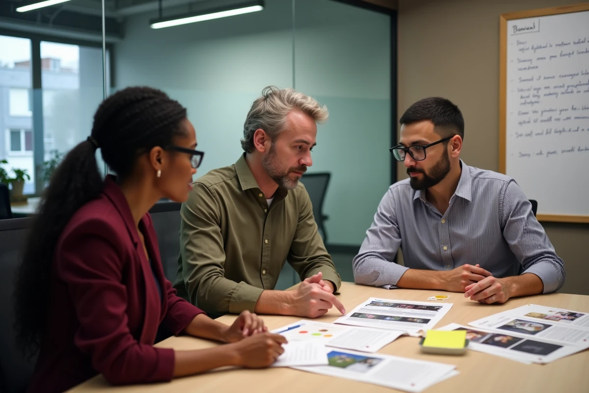 Équipe multiculturelle discutant d'une stratégie de contenu humoristique sur les réseaux sociaux autour d'une table de réunion