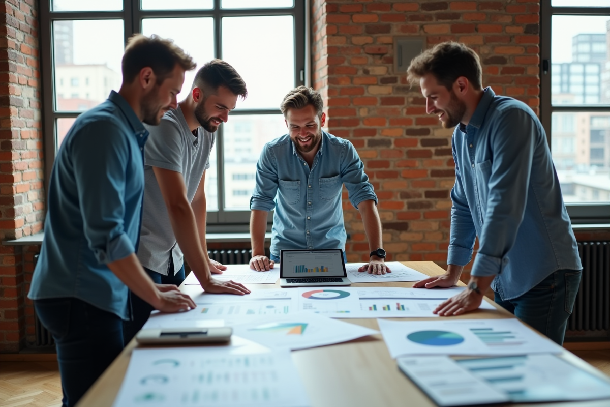 Groupe de jeunes adultes discutant stratégie SEO en équipe