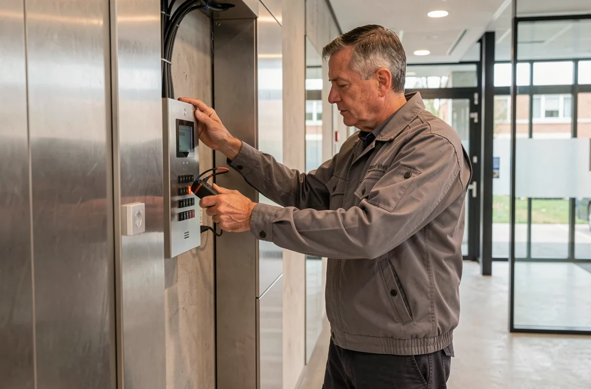 Électricien de ETS Gilles et Fils inspectant un système de contrôle d'accès dans un bâtiment commercial