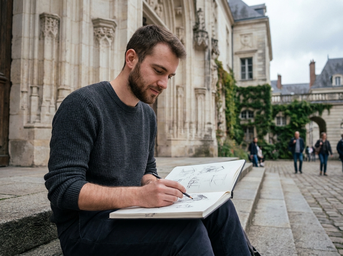 Étudiant en arts assis sur les marches d'un bâtiment historique de Nantes, dessinant dans un carnet au cœur de la ville