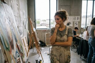 Étudiante en arts plastiques dans un atelier de l'école d'art de Nantes, devant une grande toile avec vue urbaine en arrière-plan
