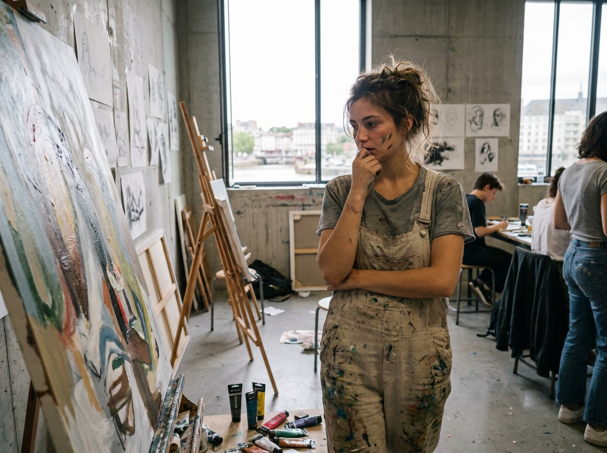 Étudiante en arts plastiques dans un atelier de l'école d'art de Nantes, devant une grande toile avec vue urbaine en arrière-plan