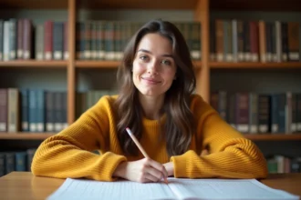 Jeune femme étudiant un mots croisés bilingue à une table de bibliothèque universitaire, crayon à la main