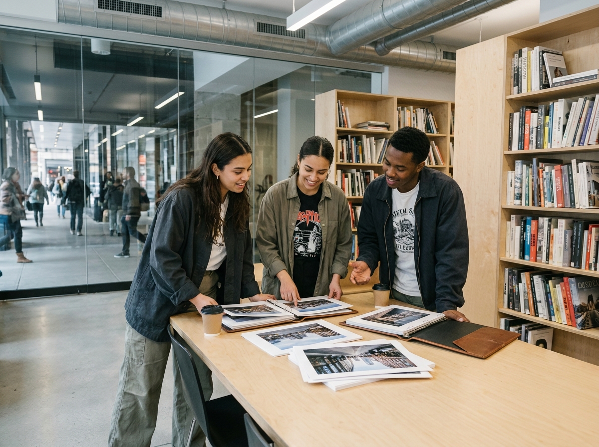 Groupe d'étudiants en design comparant leurs portfolios dans la bibliothèque moderne d'une grande école d'art en métropole