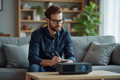 Jeune expert technologie avec projecteur 4K dans un salon moderne