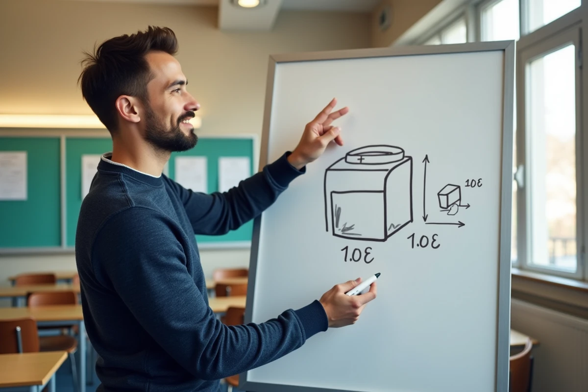 Enseignant expliquant la conversion entre centimètres cubes et litres sur un tableau blanc dans une salle de classe