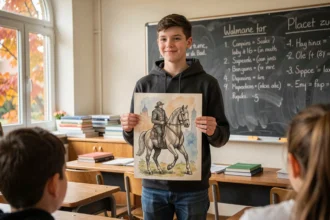 Élève adolescent présentant un exposé sur la légende du cavalier sans tête devant un tableau noir en classe